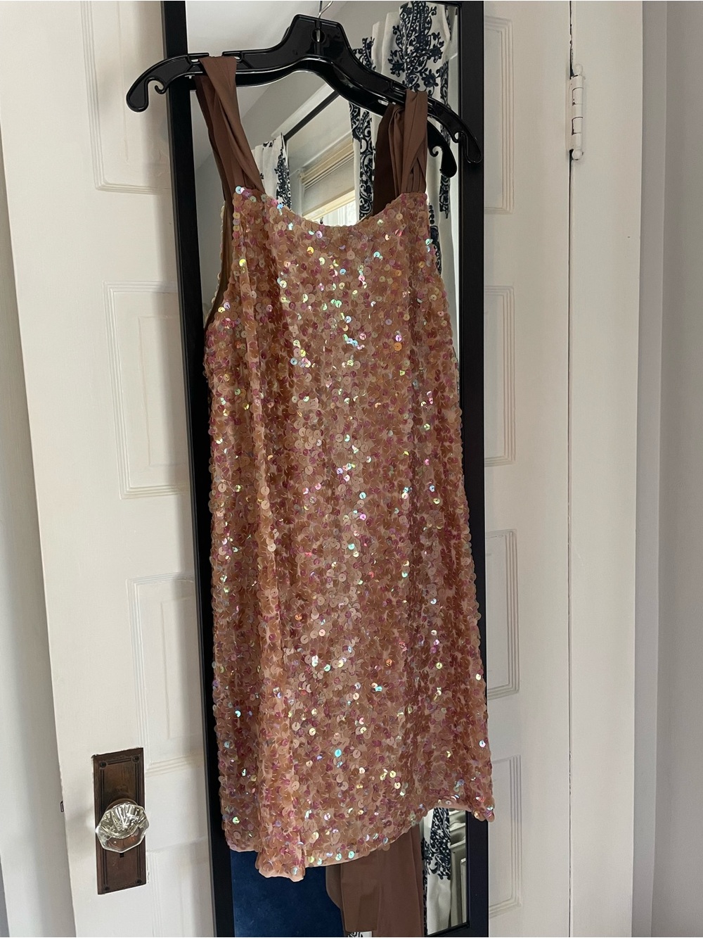 BCBGMaxAzria Pink Sequin Shift Dress with Brown Shoulder Straps